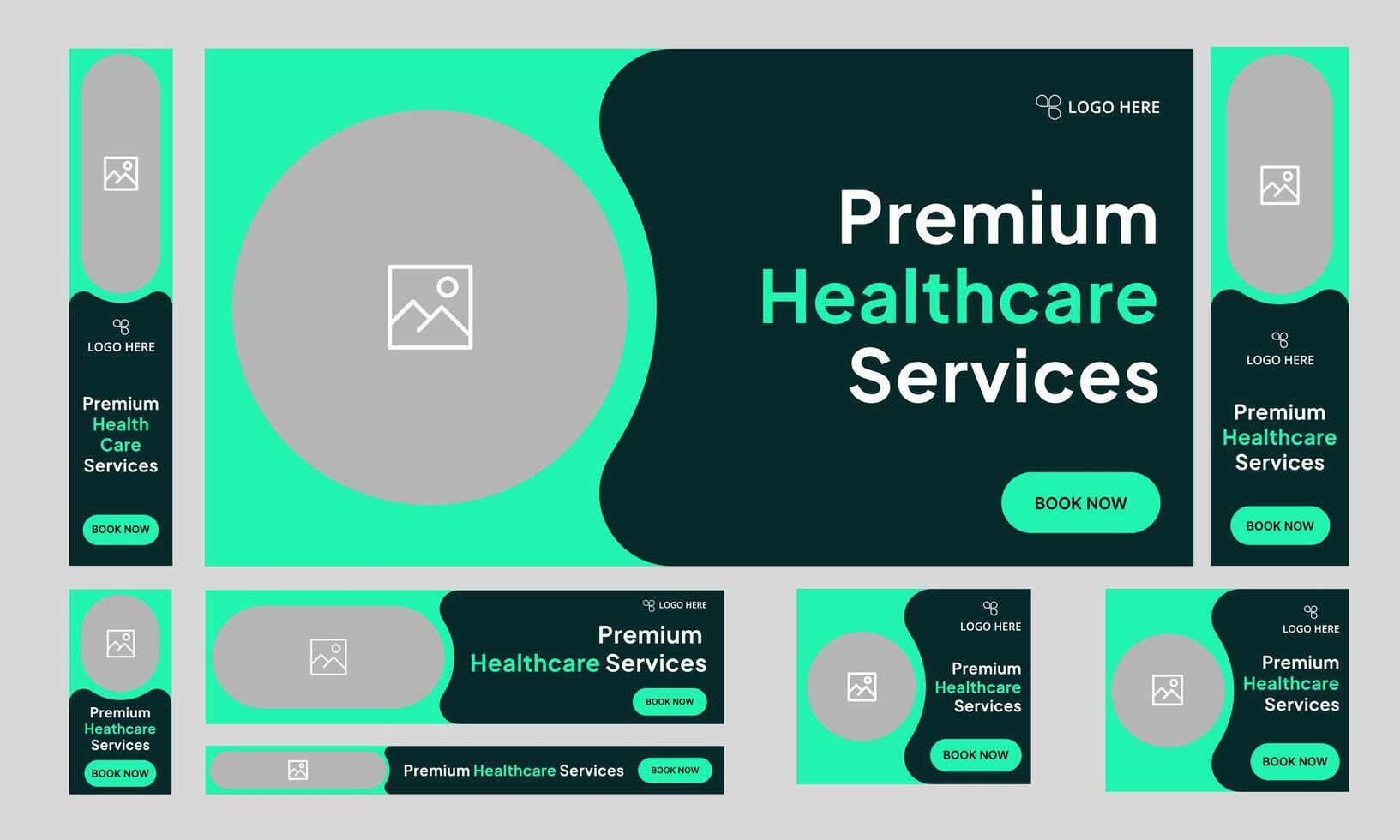 Trendy digital healthcare services web set banner design for social media post, daily medical services web bundle banner design, fully customizable eps 10 file format vector
