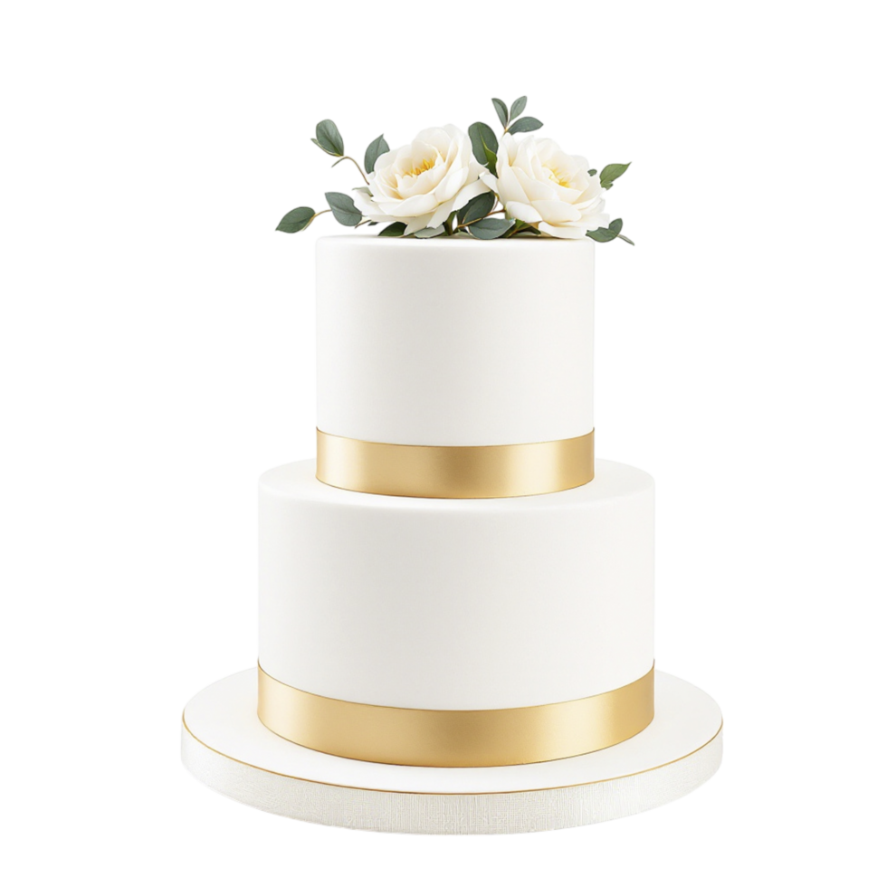 A white cake with gold trim and roses png
