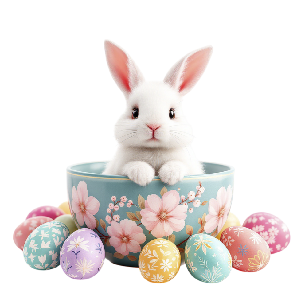 A white rabbit sitting in a bowl surrounded by colorful eggs png