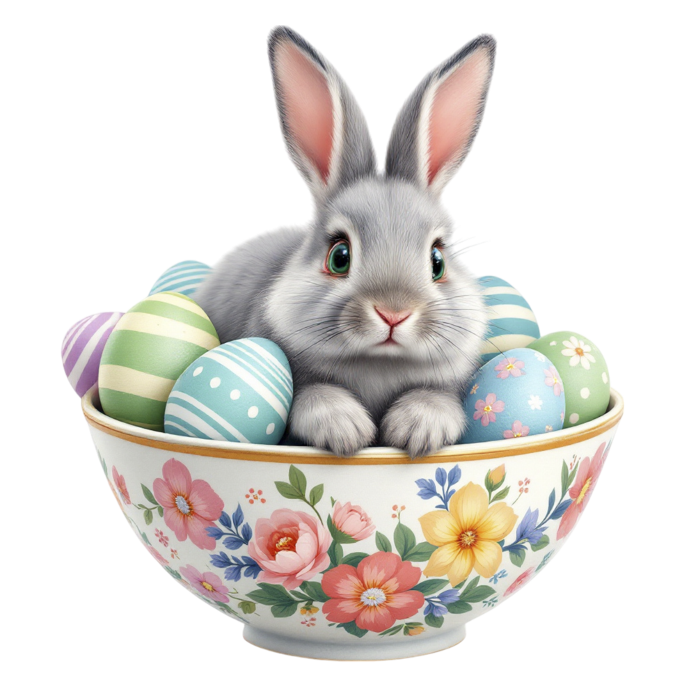 Easter bunny in a bowl of eggs png