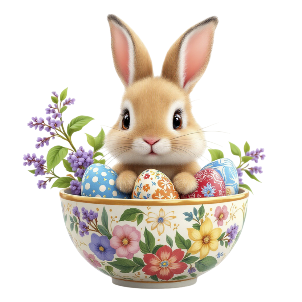 Easter bunny in a bowl with eggs and flowers png