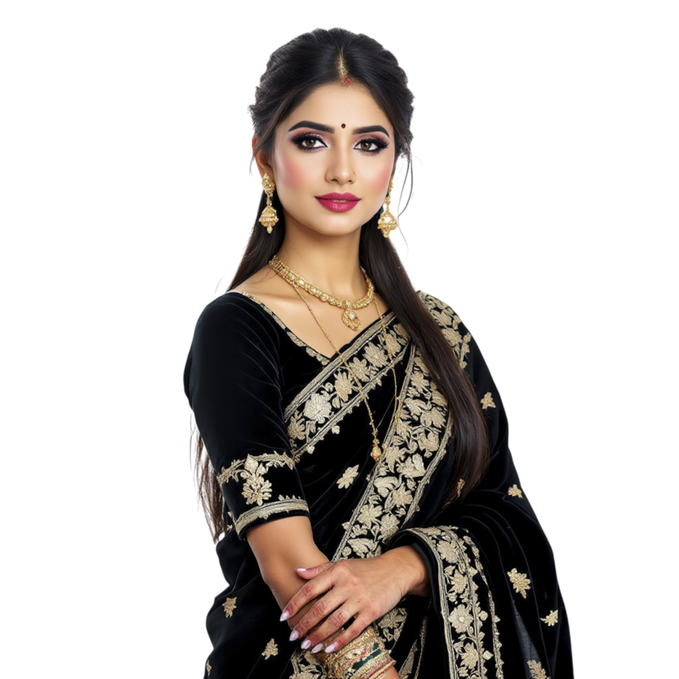 Black velvet sari with gold embroidery png