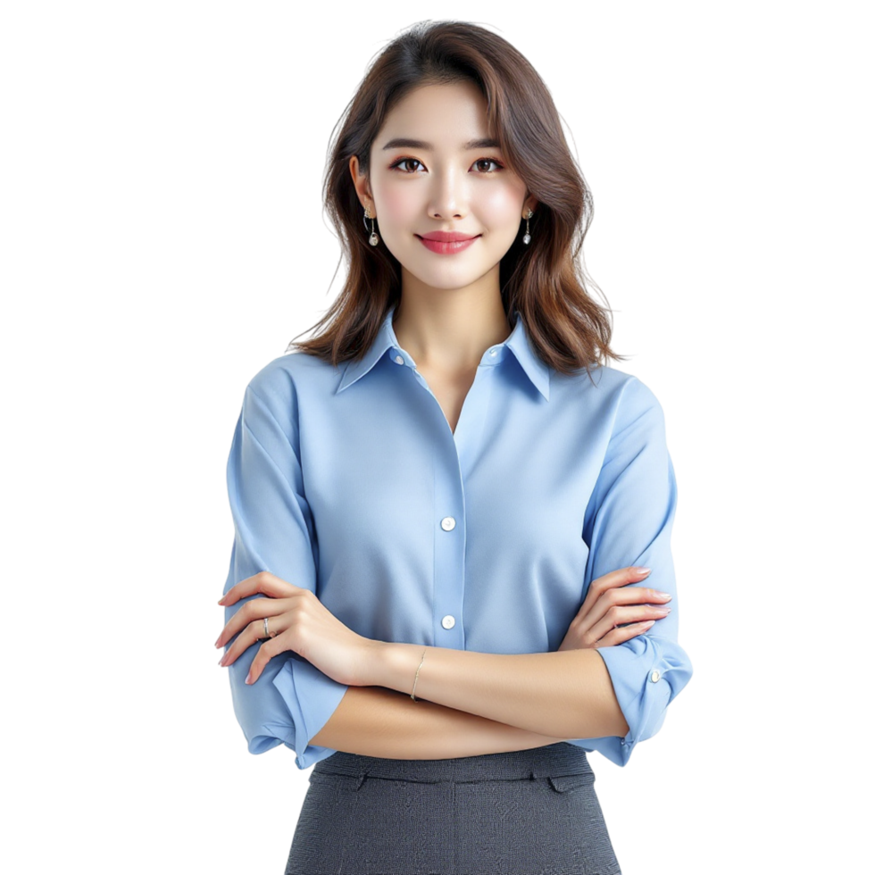 A beautiful young woman in a blue shirt and skirt png