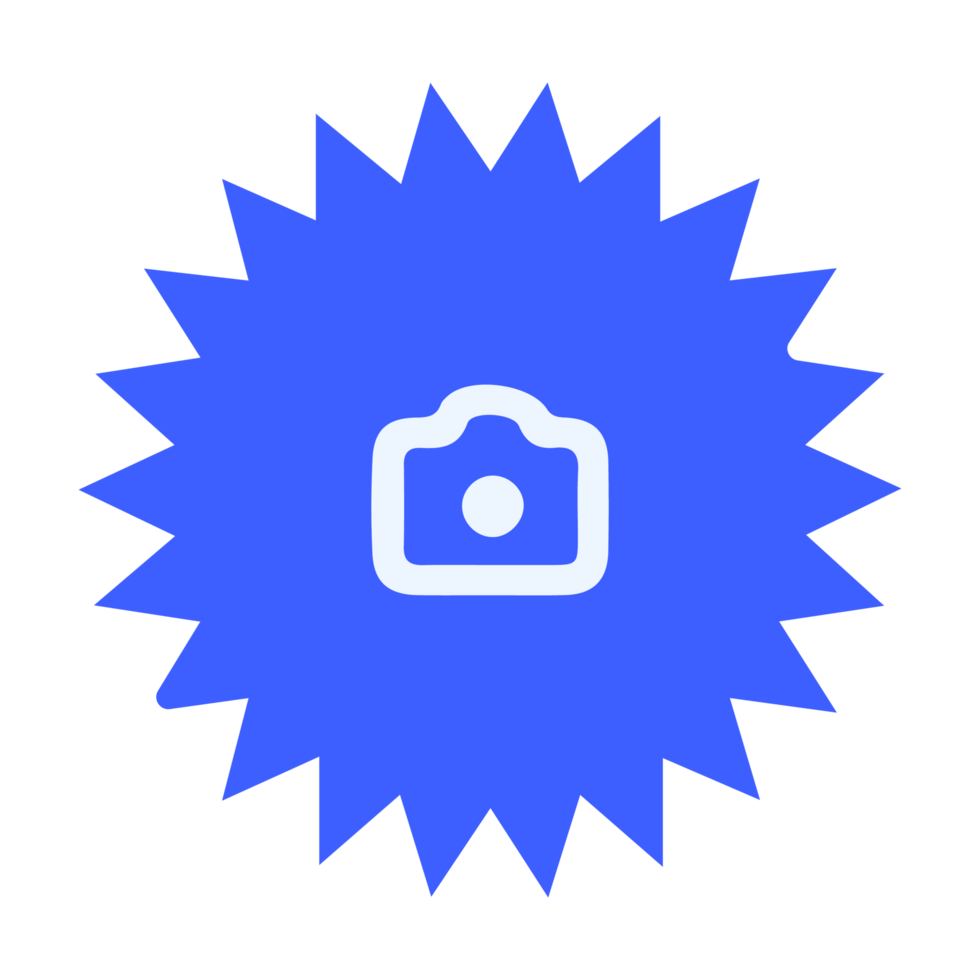 Blue starburst icon with a camera in the center png
