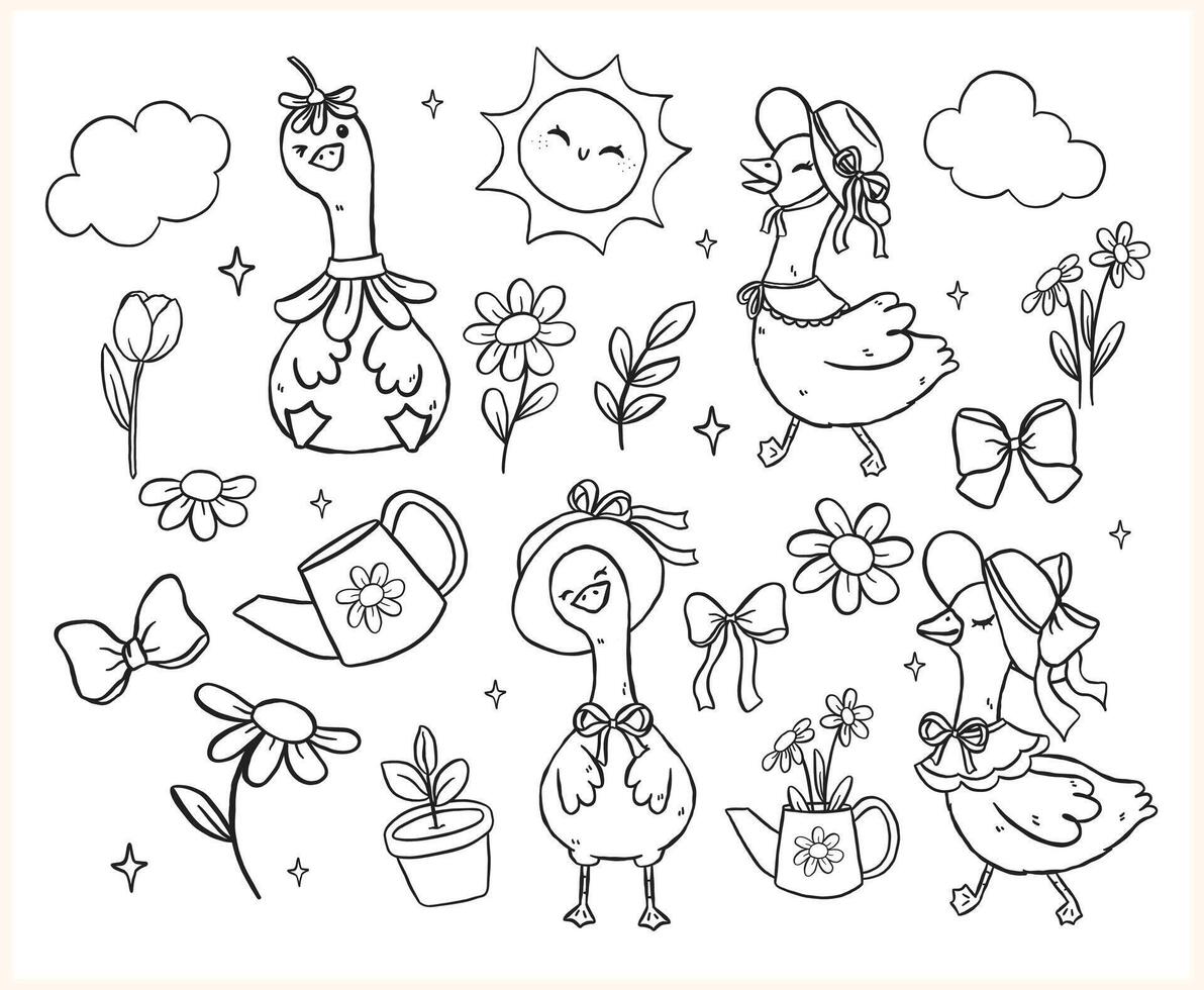 Cute Silly Goose Outline Cartoon Cottagecore Spring Hand Drawn Playful Coquette Character vector