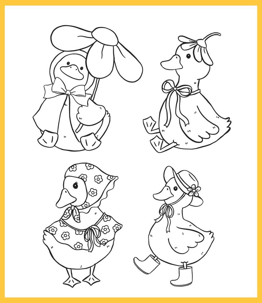 Cute Rainy Spring Cottagecore Call Duck outline Cartoon Outline Farm Animal Collection Hand Drawn vector