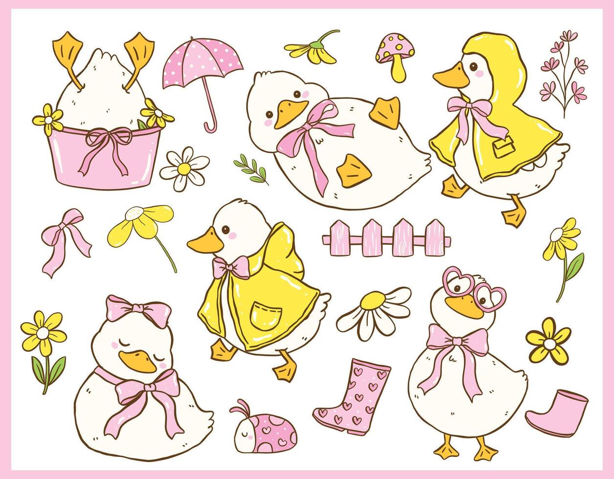 Cute Cottagecore Spring White Call Duck Cartoon Farm Animal Collection Hand Drawn Quirky Kid Design vector