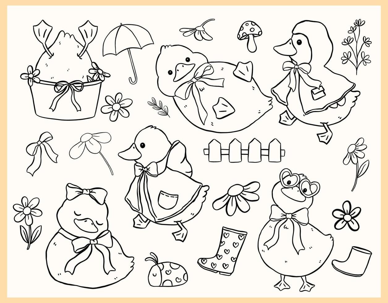 Cute Cottagecore Spring White Call Duck Outline Cartoon Farm Animal Collection Hand Drawn Quirky Kid Design vector