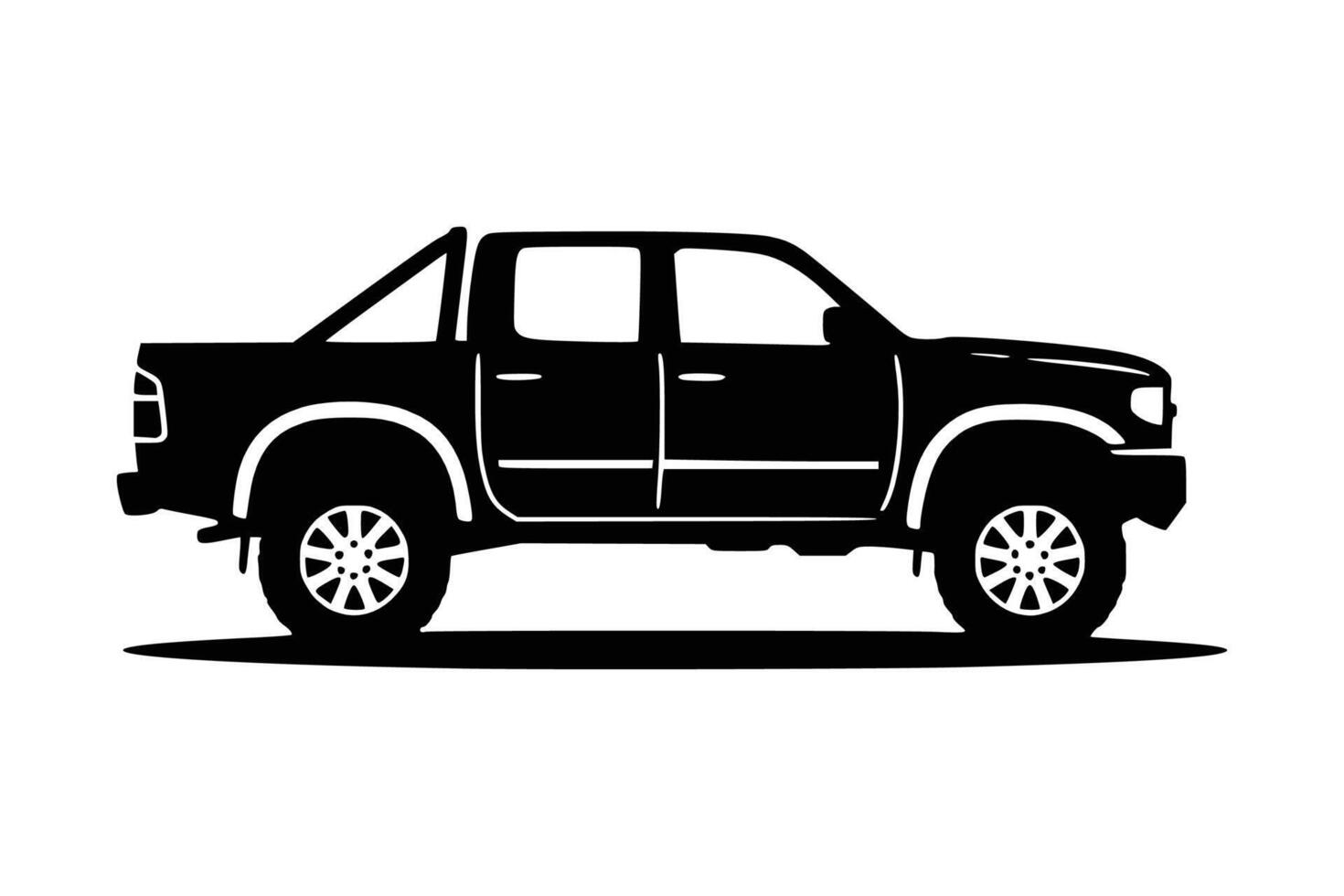 ickup truck graphic. Off-road ride. SUV. Black outline. Side view. Separate item on a white surface. Isolated. vector
