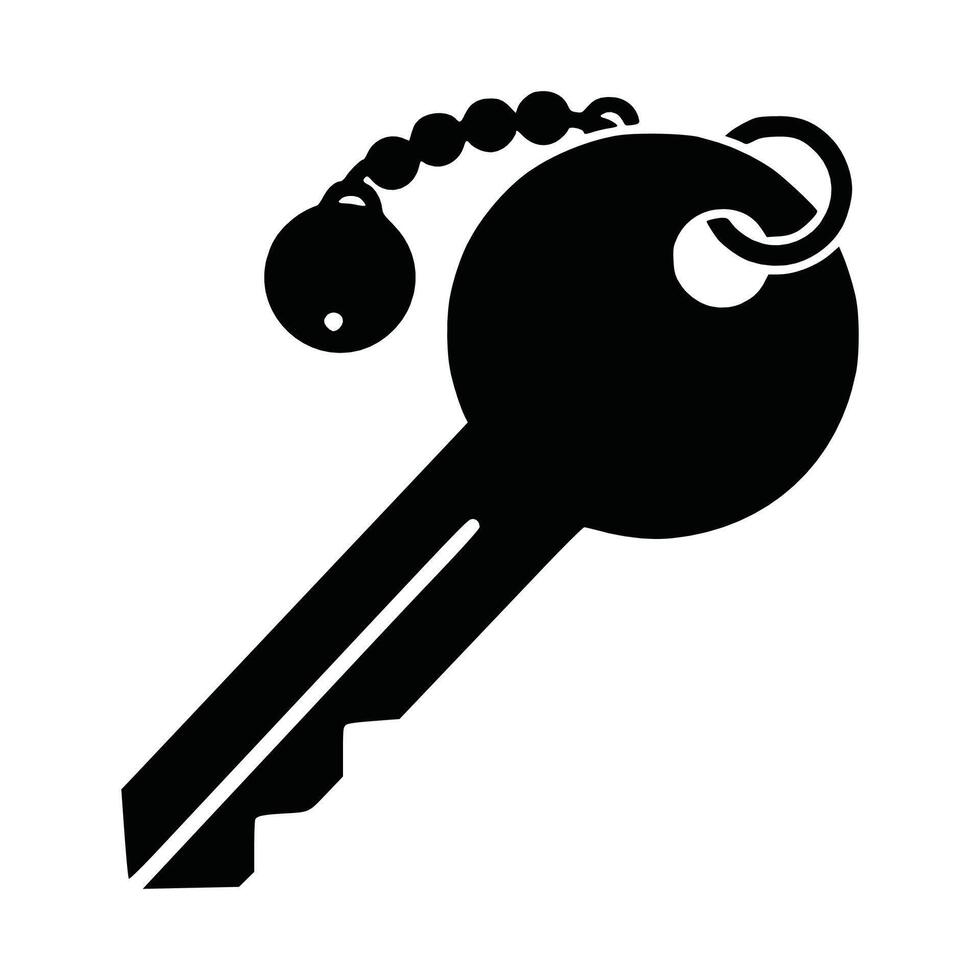 Key and keychain graphic. Black silhouette style. Front-facing view. A straightforward flat illustration. Isolated on a white backdrop. vector