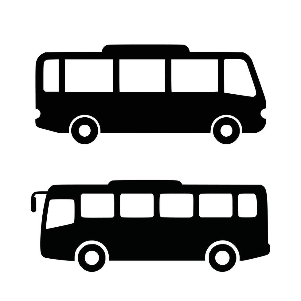 black silhouette of a bus icon, depicted in a side view. This simple flat graphic illustration stands alone on a white backdrop. vector