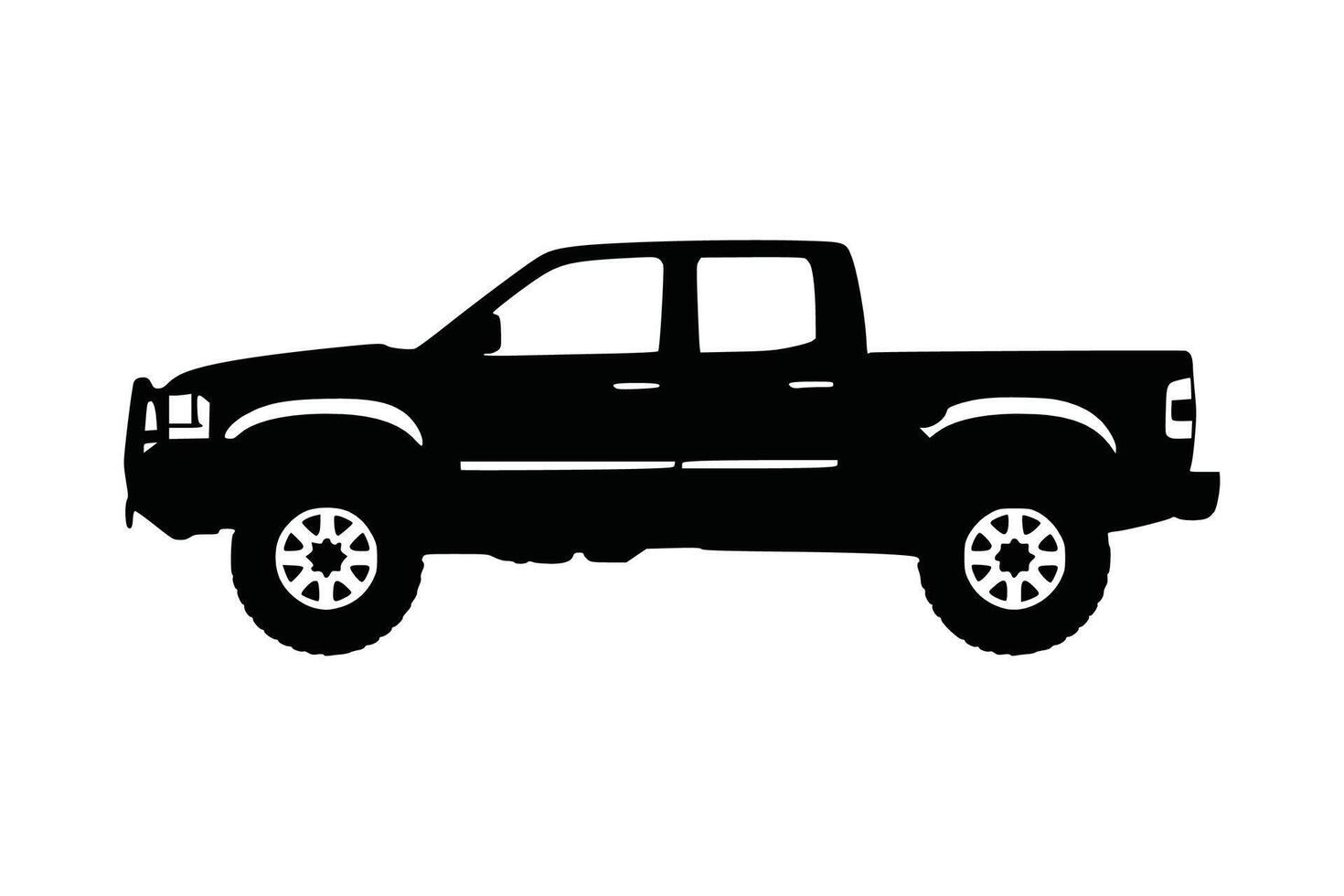 Icon of a pickup truck. Off-road vehicle. SUV. Black silhouette. Side perspective. Standalone object on a white backdrop. Isolated. vector