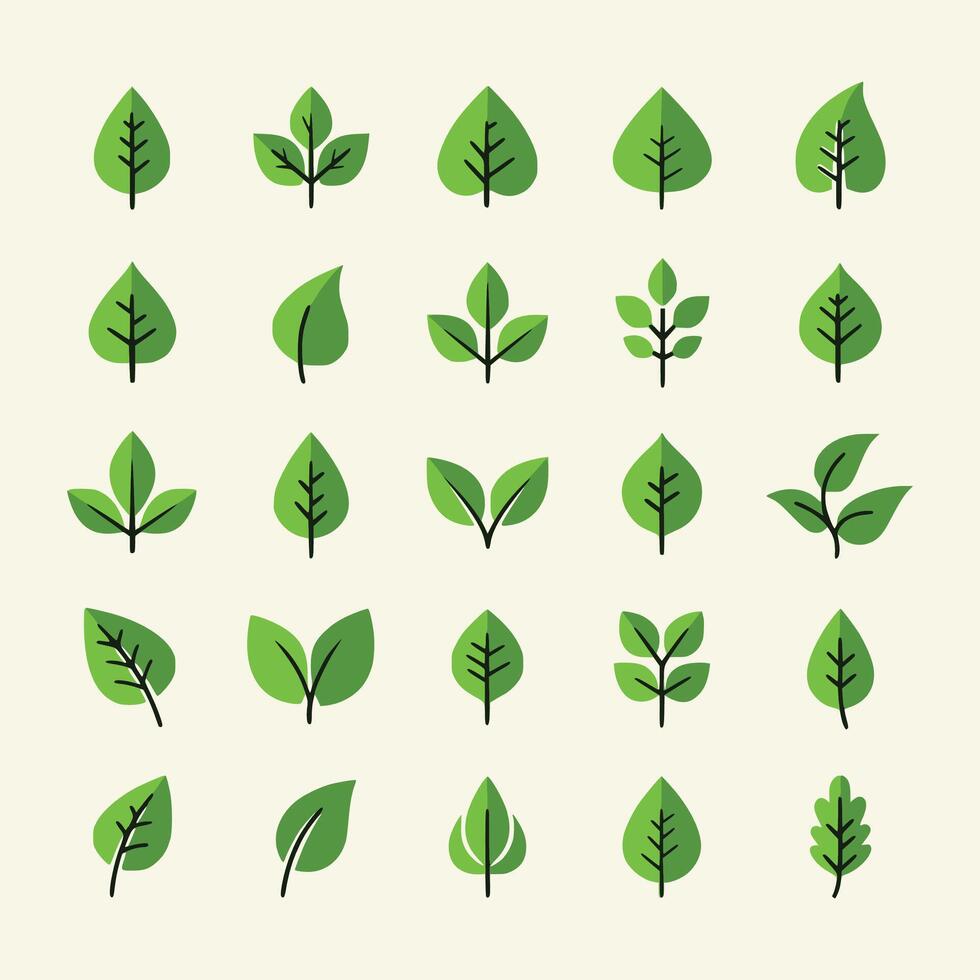 Flat icon collection of green leaves with a bio-organic and eco-friendly design. vector