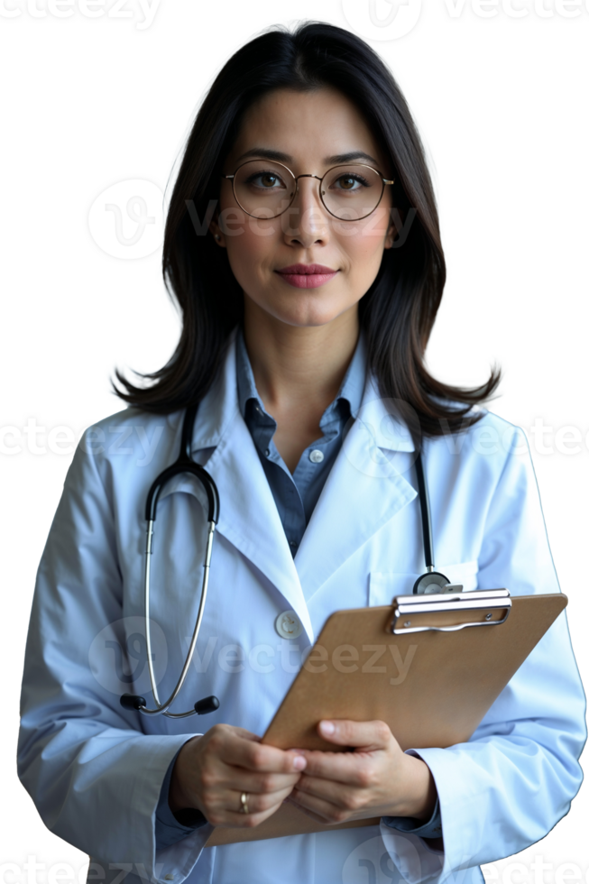 Professional female doctor in white coat - confident portrait in healthcare field with natural office lighting. png