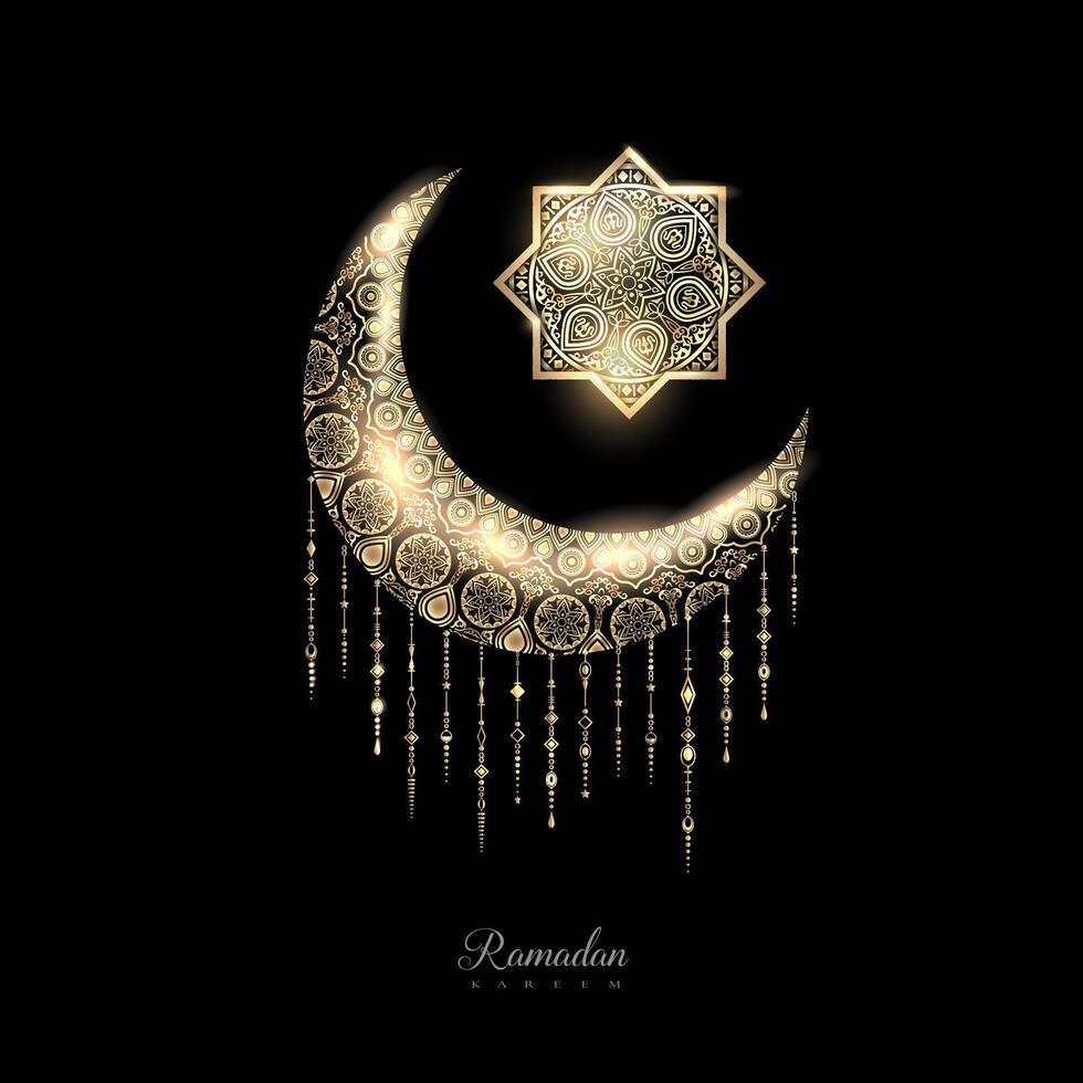 Golden Ramadan greeting card with crescent and star on black vector
