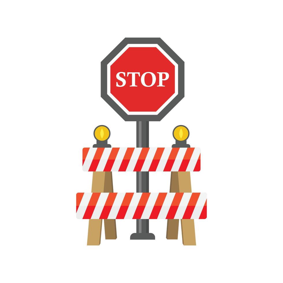 Stop sign with barricades and lights on a white background vector