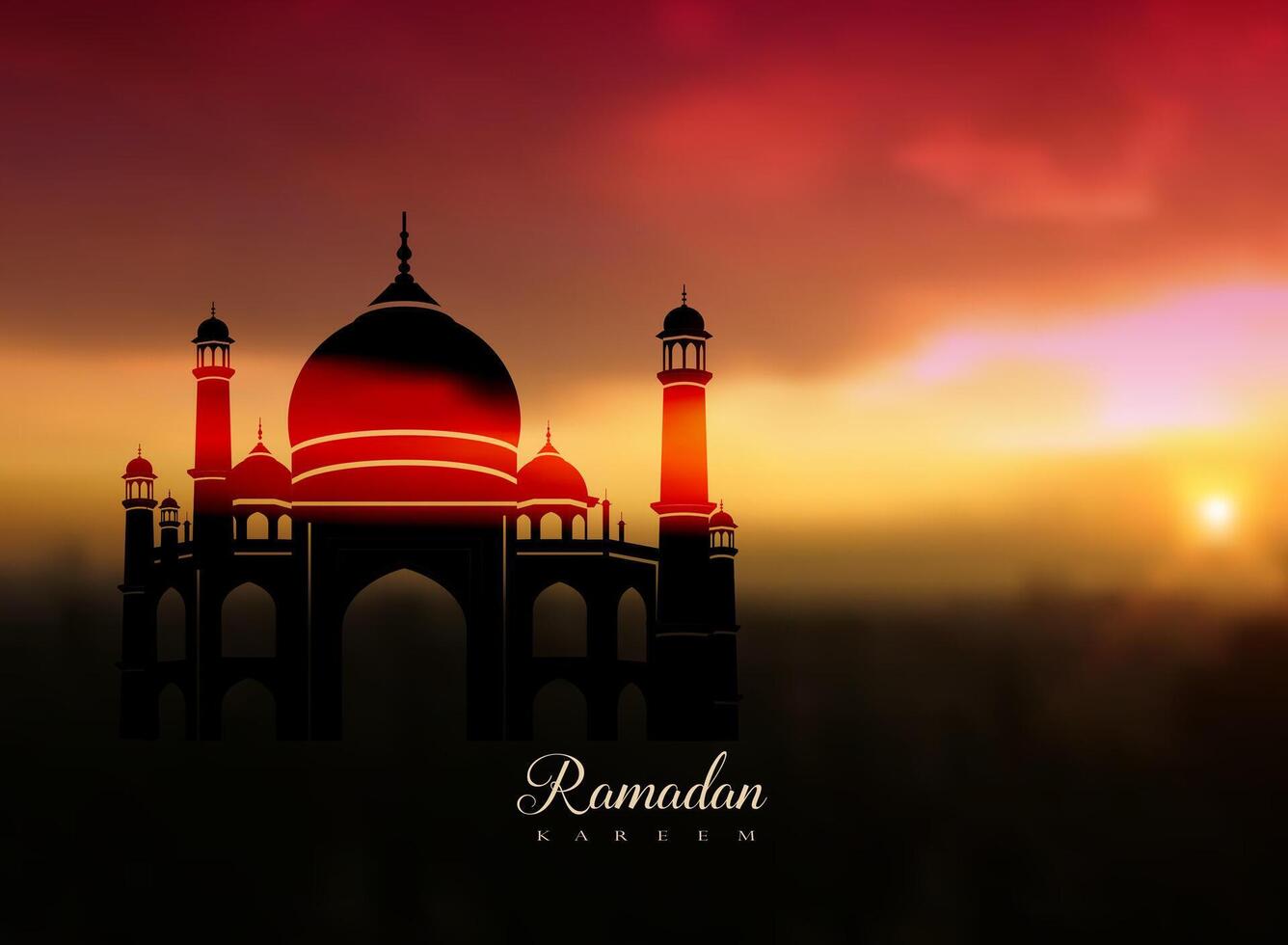 Elegant Ramadan greeting card with mosque and sunset vector