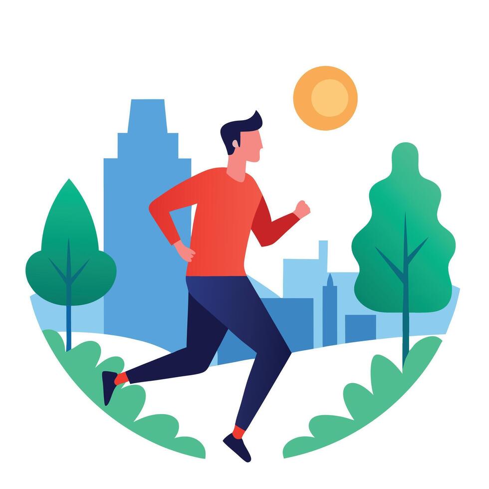 Man Running Flat Illustration, Cityscape Background, Sunlight, Design vector