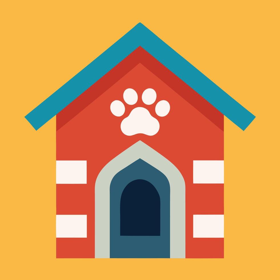 Simple Colorful Doghouse with Paw Print in Flat Design Style on Yellow Background vector
