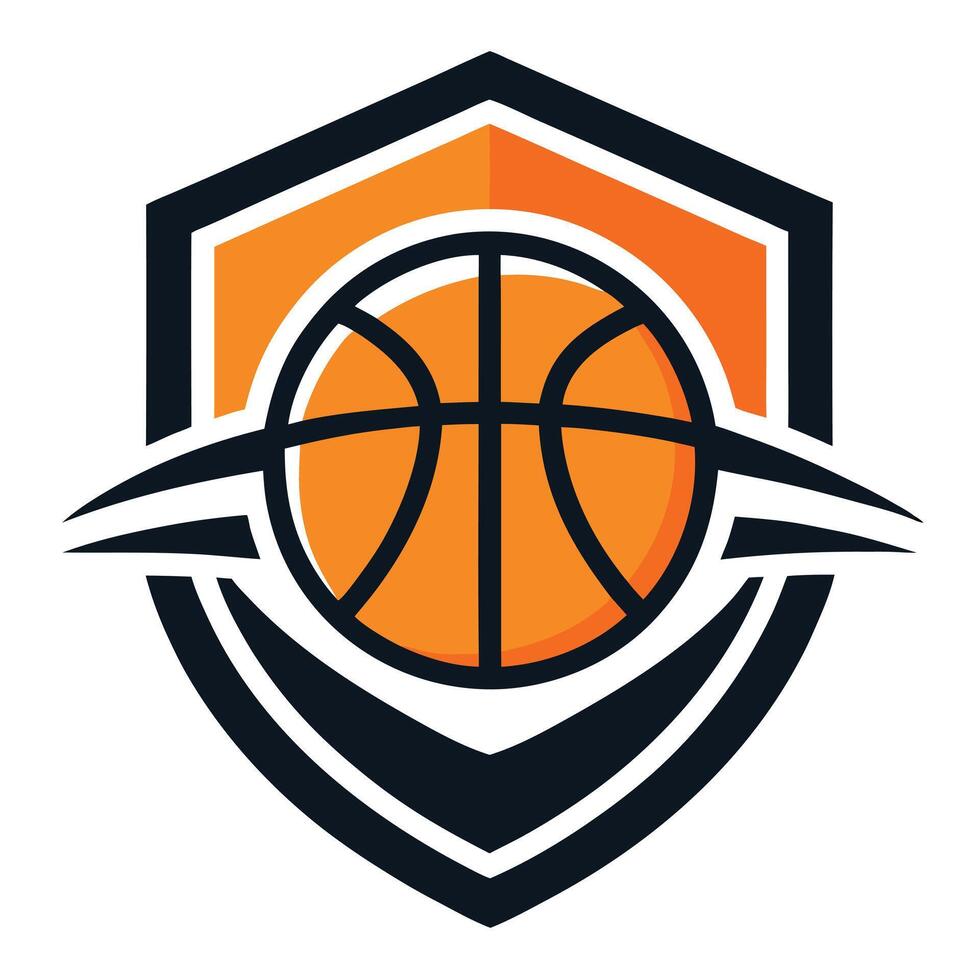 Basketball Emblem Minimalist Orange Ball Shield in Dark Blue Bordered Shape vector