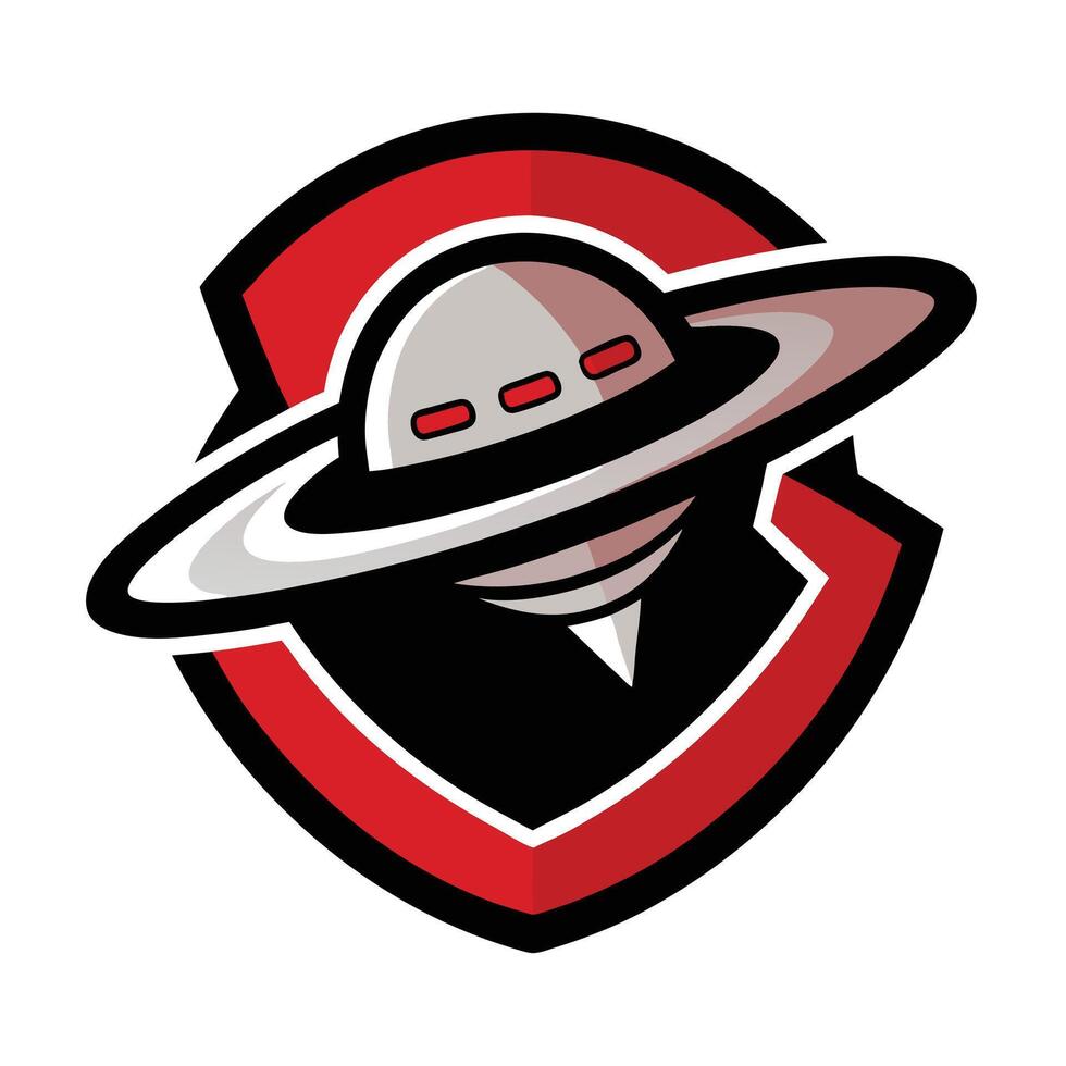 UFO Spaceship Isolated on Shield Emblem, Red, Gray and Black Colors, White Background vector