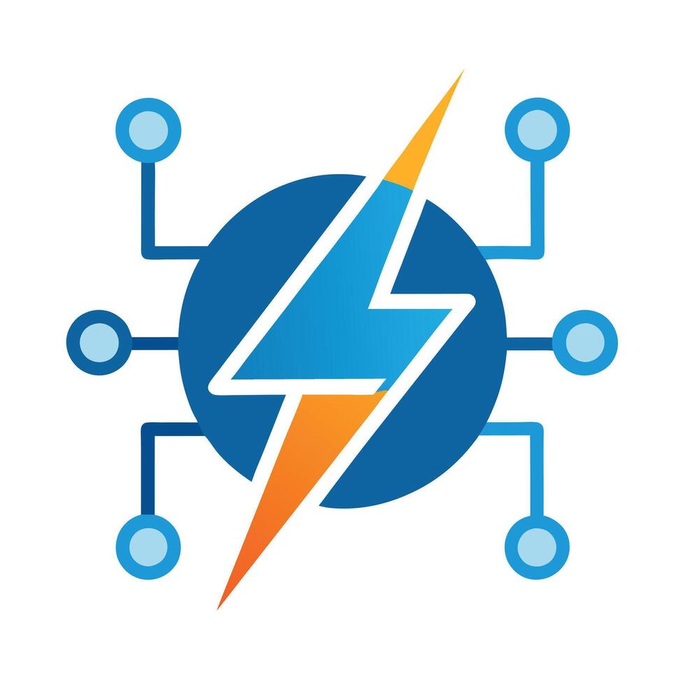 Blue Circle with Nodes and Yellow Lightning Bolt Icon on a White Background vector