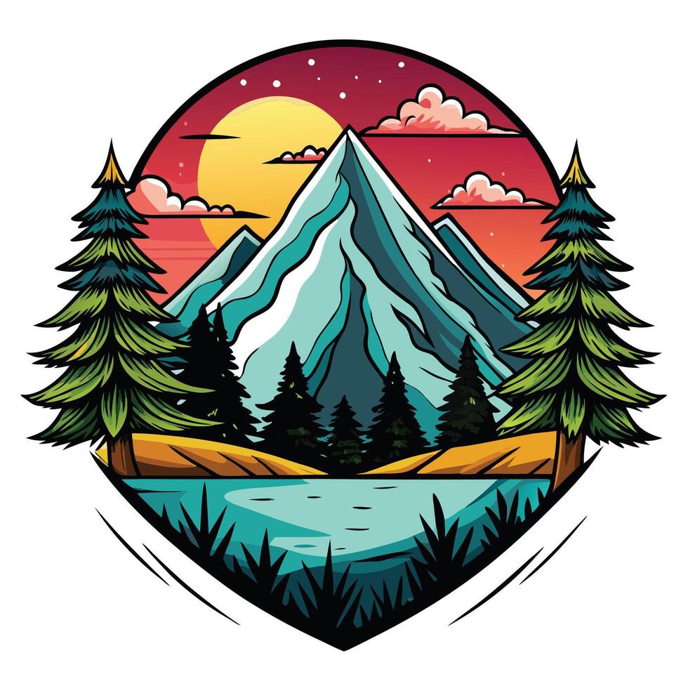 Mountain peak , lake landscape, pine trees, sunset scenery, nature art design vector