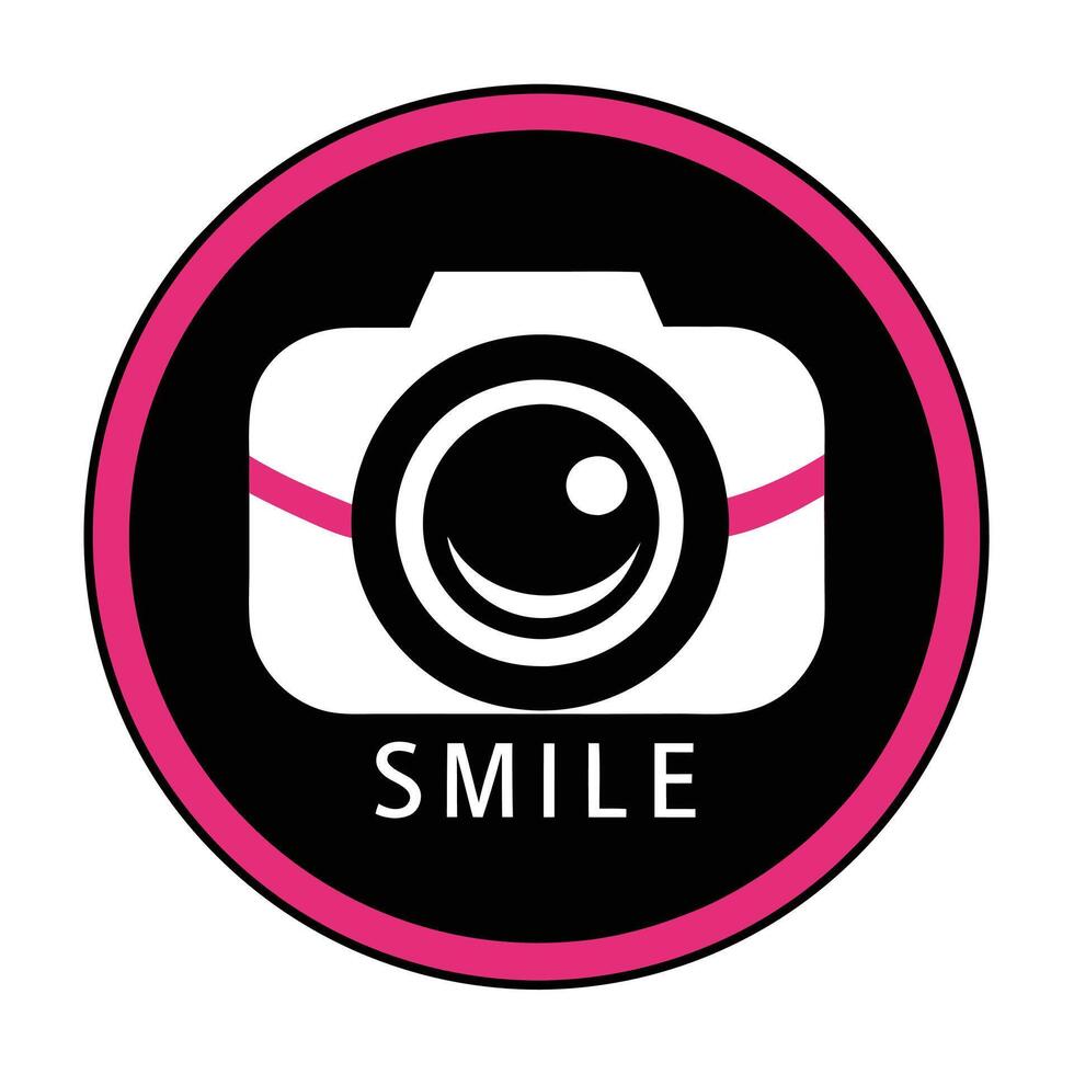 Abstract Smile Camera Logo Design with Black Background and Pink Circle Border vector