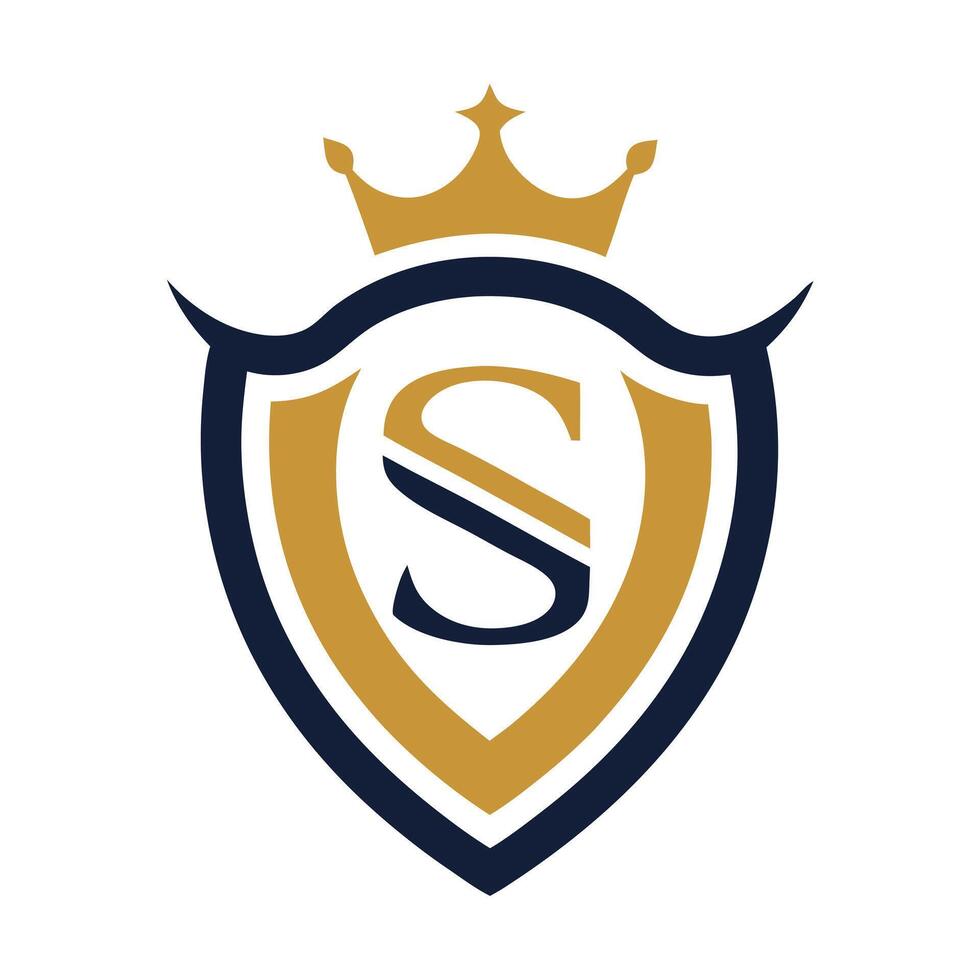 Golden Crown Topped Navy Shield Design with Central Gold Letter S Icon on white vector
