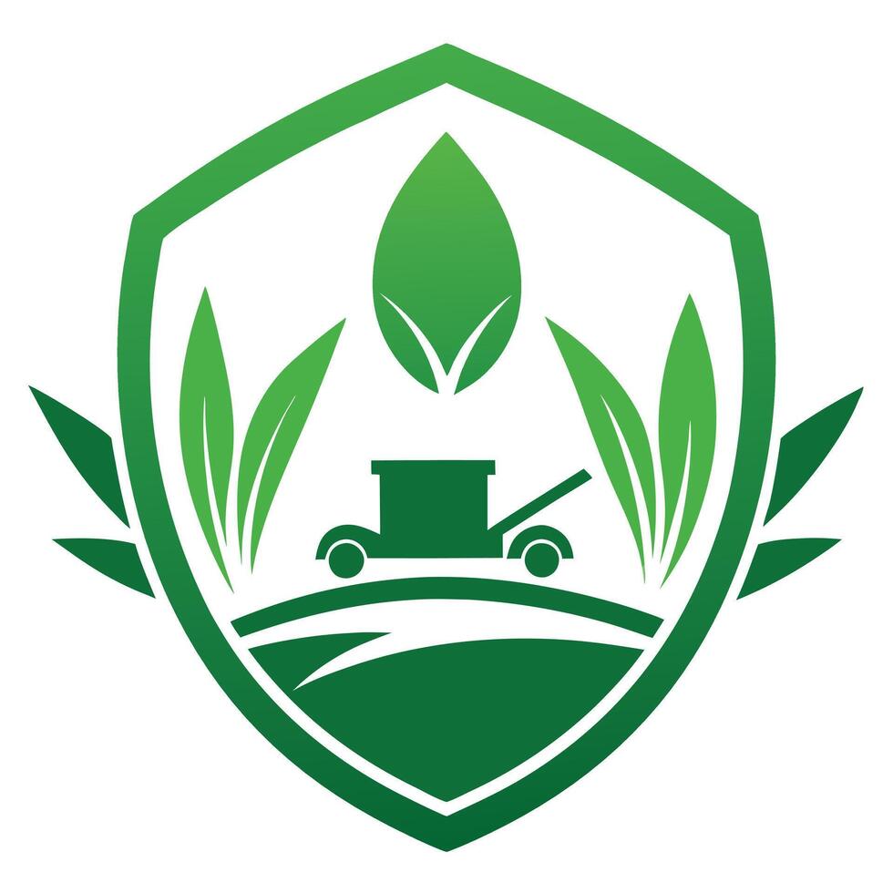 Green Lawn Mower Emblem, Grass, Leaf, Shield, Illustration, Agriculture Icon vector