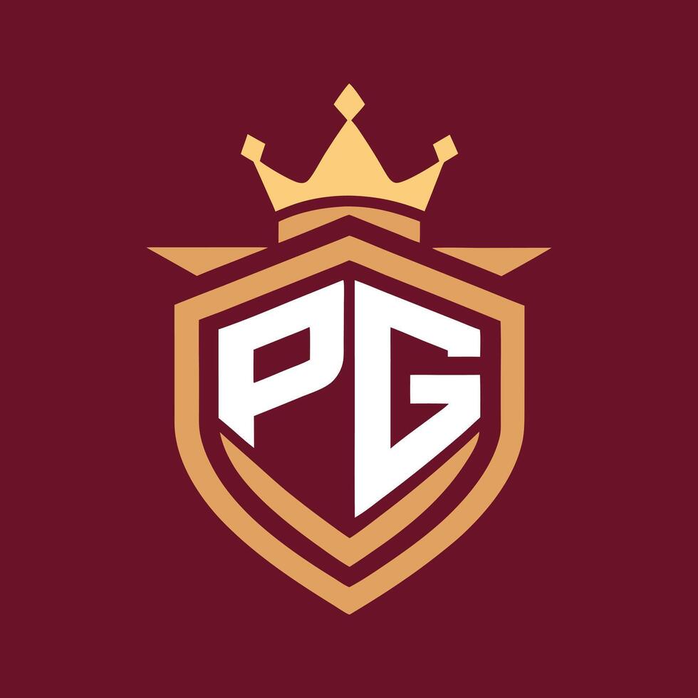 Gold PG Lettered Crest with Crown on Burgundy Background Logo Design Emblem vector