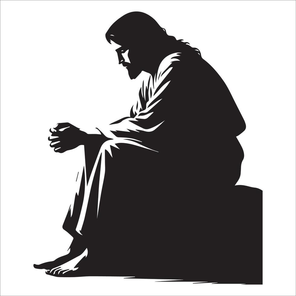 Jesus Sitting on a Rock in Deep Thought , vector