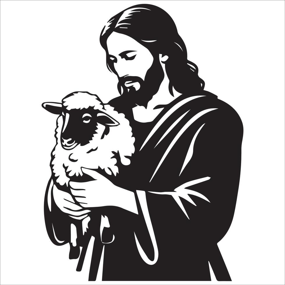 Sacred Jesus Embracing a Lamb Silhouette vector