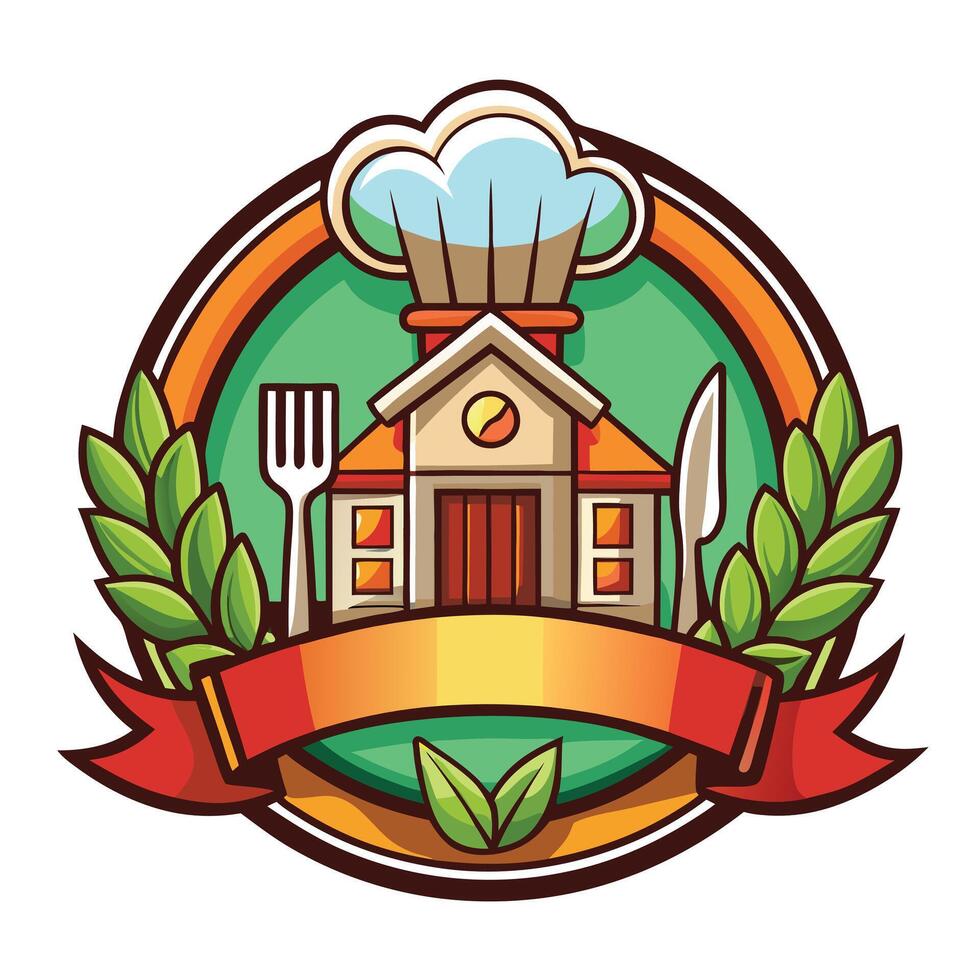 Chef Hat Building with Fork and Knife and Green Wreath Cartoon Isolated on White vector