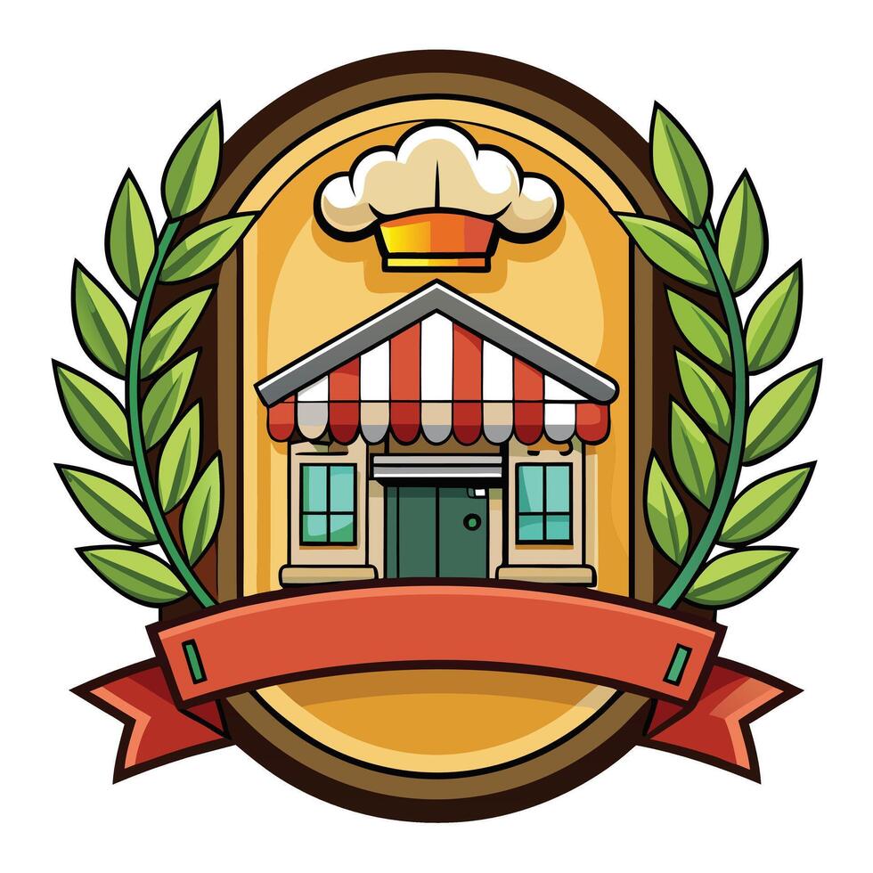 Cartoon store facade with awning, chef hat, laurel wreath, and ribbon on white vector