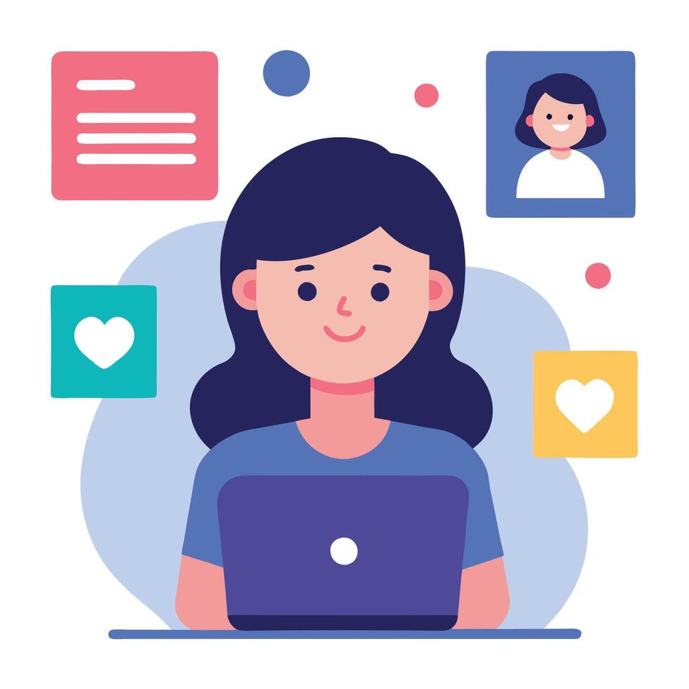 Flat of Girl with Laptop and Icons in Colorful Minimalist Style vector