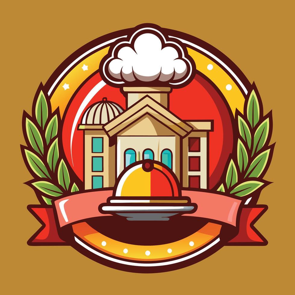 Classic Food Building with Olive Branch and Serving Dish on a Warm Brown Background vector