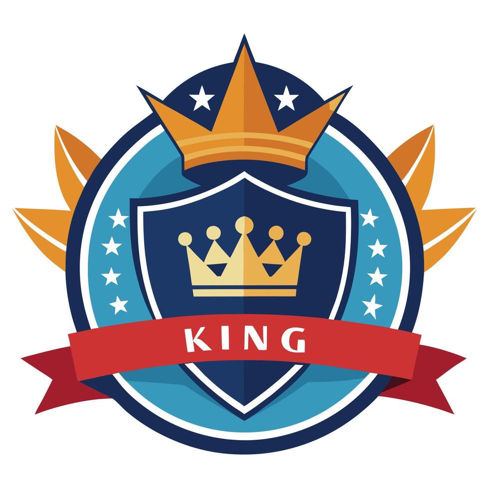 King Emblem with Golden Crown, Shield, Stars, Banner, Leaves on White Background vector
