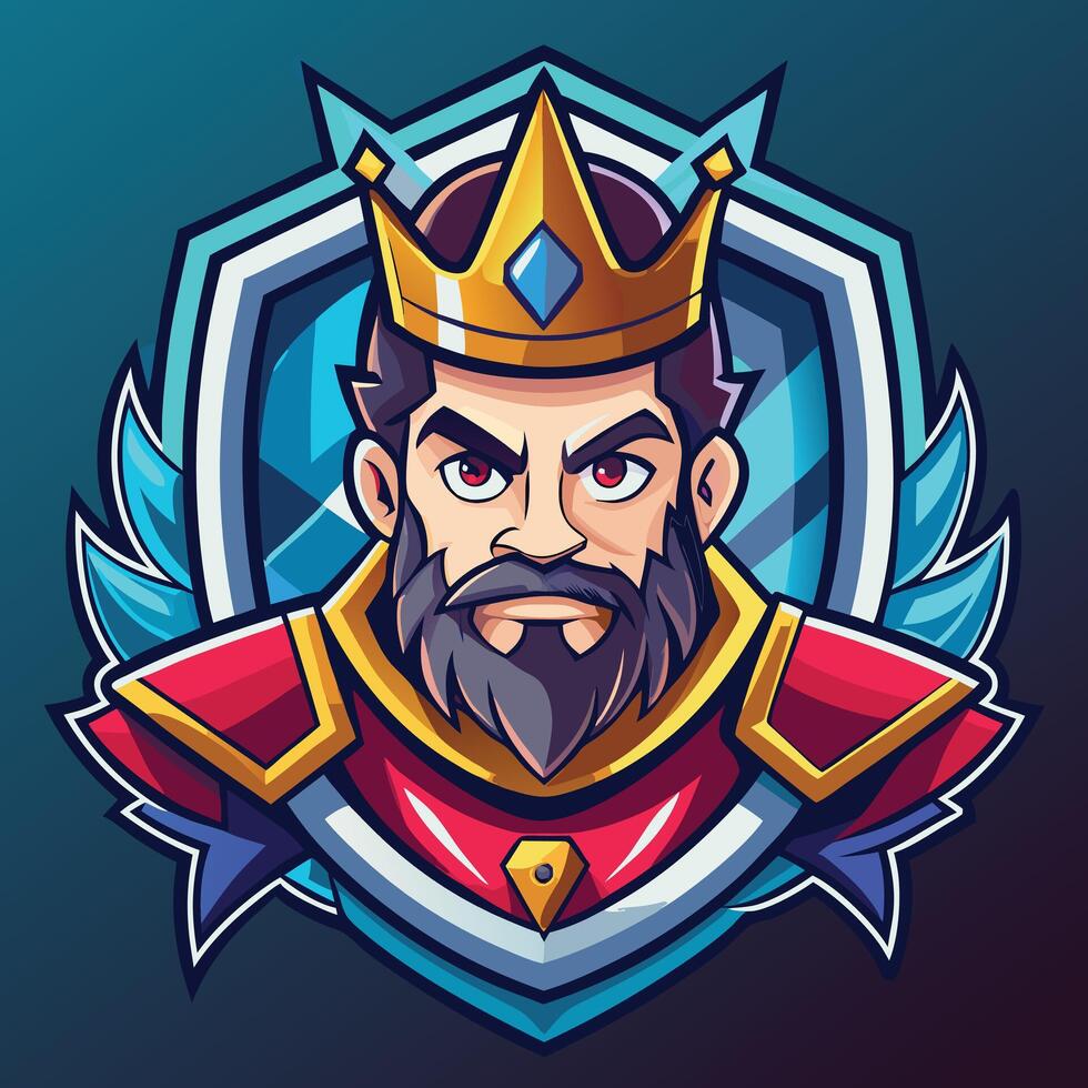 Cartoon King Mascot with Beard, Golden Crown, Red Armor on Shield Background vector