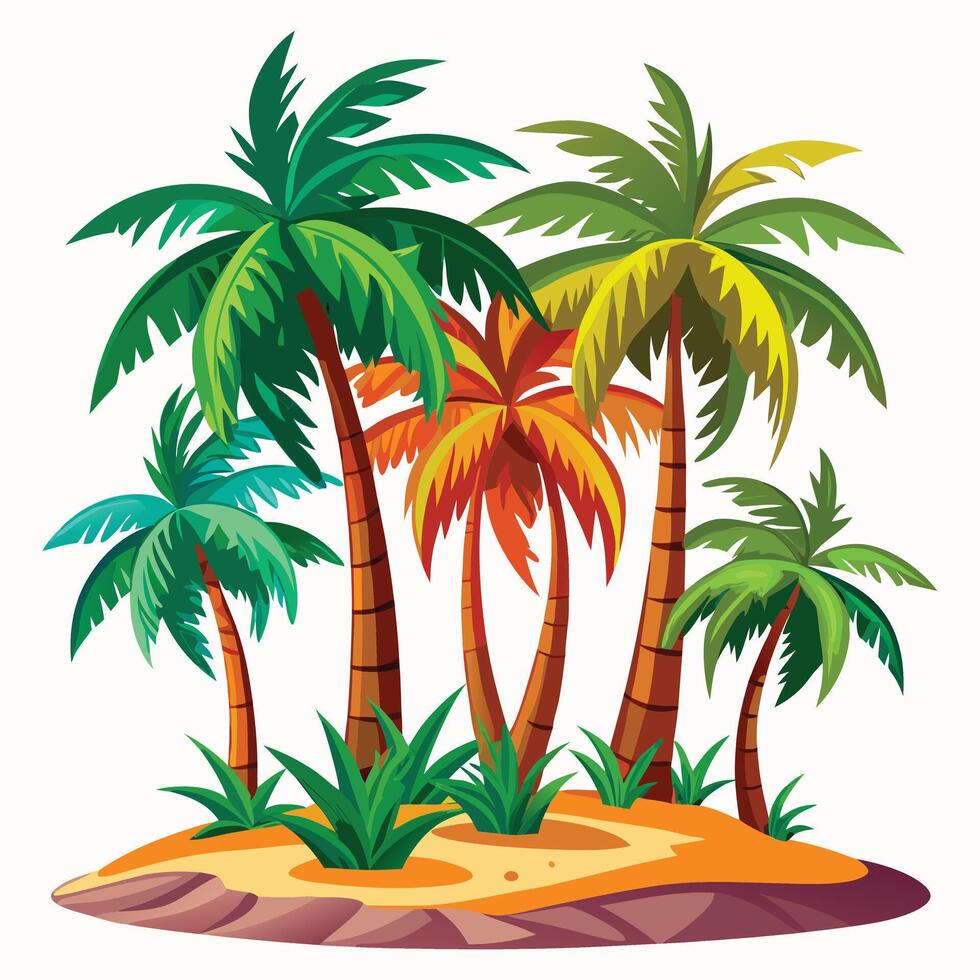 Cartoon Tropical Island with Palm Trees and Greenery Design vector