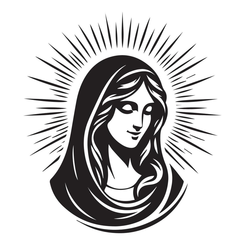 silhouette of praying holly mary with halo beam behind her design art vector