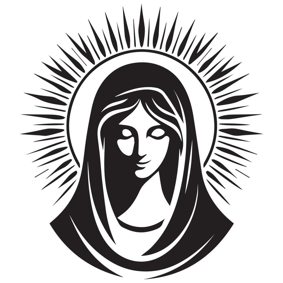 silhouette of praying holly mary with halo beam behind her silhouette vector