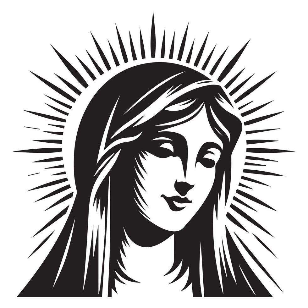 silhouette of praying holly mary with halo beam behind her design vector