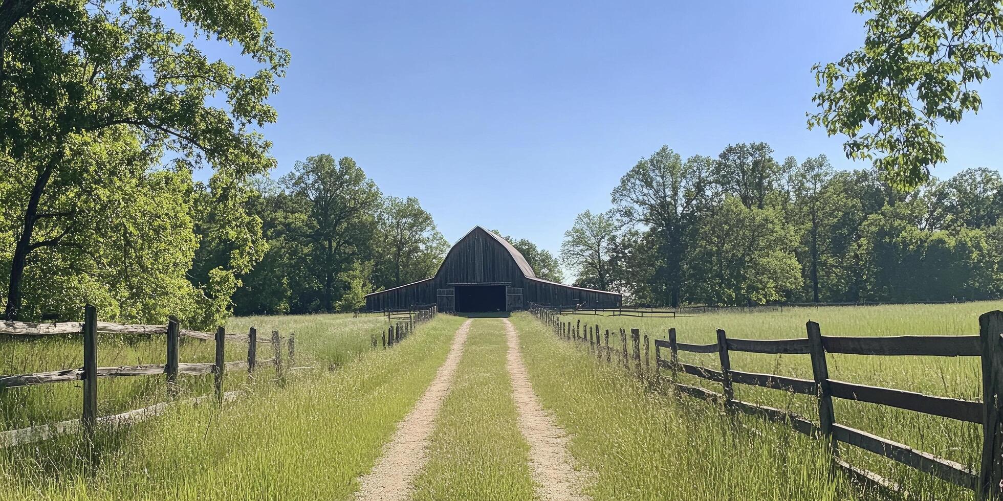 A dirt road leads to a barn in the middle of a field photo