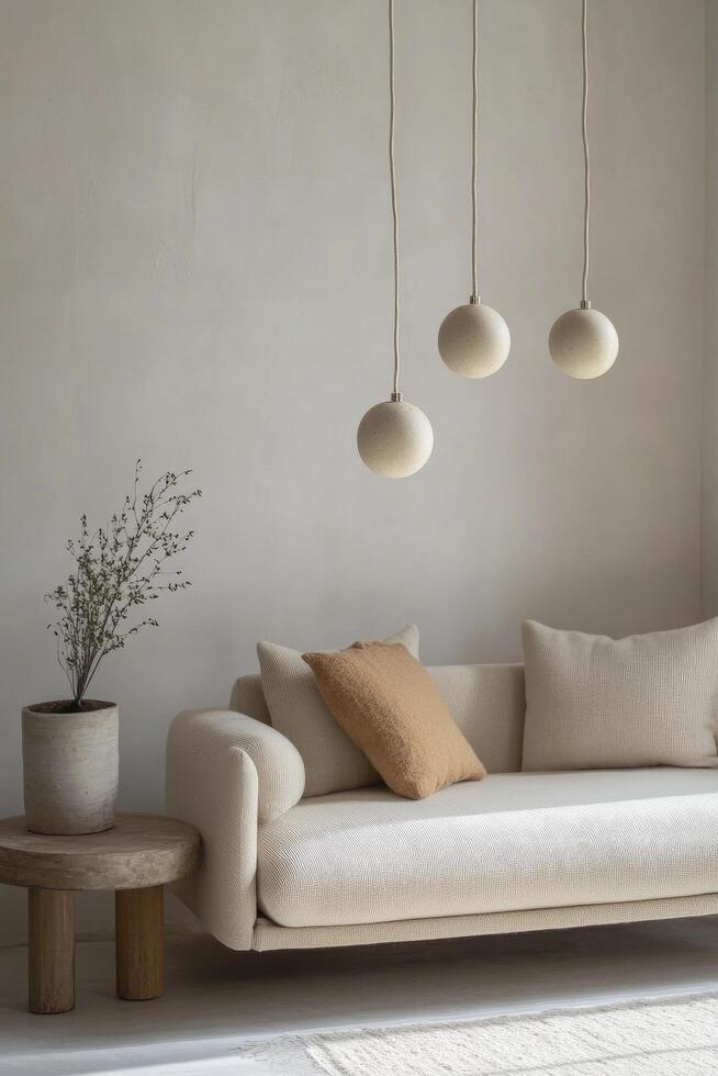 A white sofa with pillows and a lamp photo