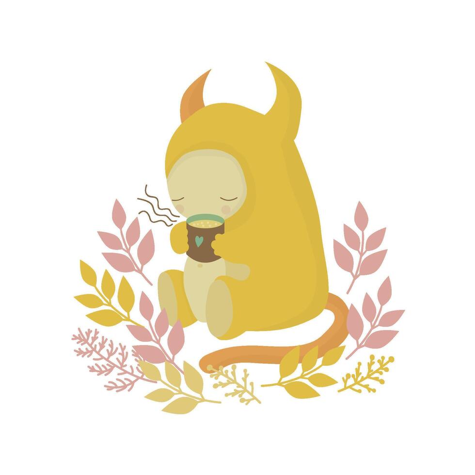 Illustration of a friendly yellow cartoon monster enjoying a mug of hot tea in a forest, isolated vector