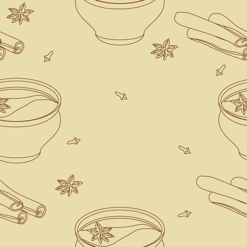 Editable Seamless Pattern of Outline Style Indian Masala Chai in Pottery Cup with Assorted Herb Spices Vectorized Illustration for Creating Background of South Asian Culture and Tradition Beverages vector