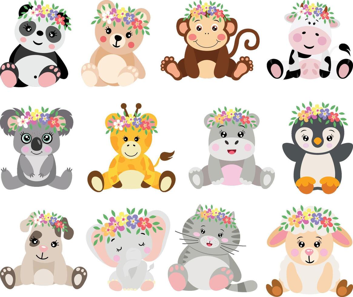 Set digital collage of adorable animals sitting with wreath floral on head vector