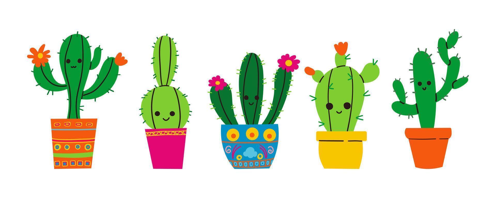 illustration set of funny cactus characters in cartoon style isolated on white background vector