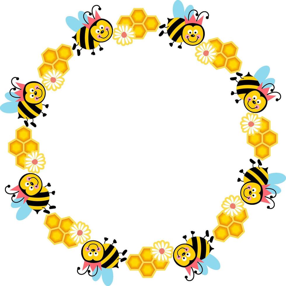 Empty round frame with bee and honeycomb vector